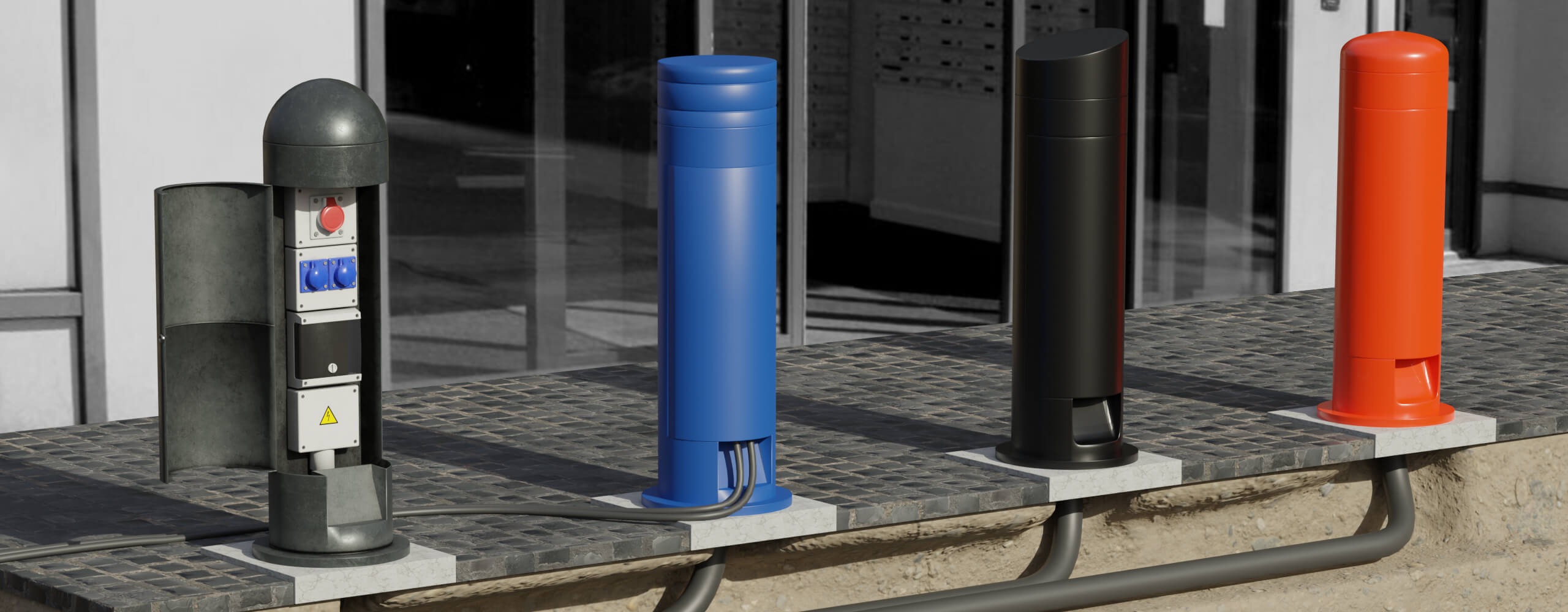 3D illustration showing four different types of power Bollard