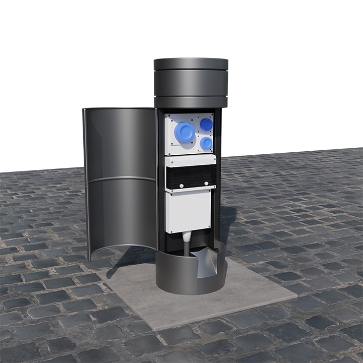 Pop Up Power SuppImage of an in-ground unt with the hinged lid closed