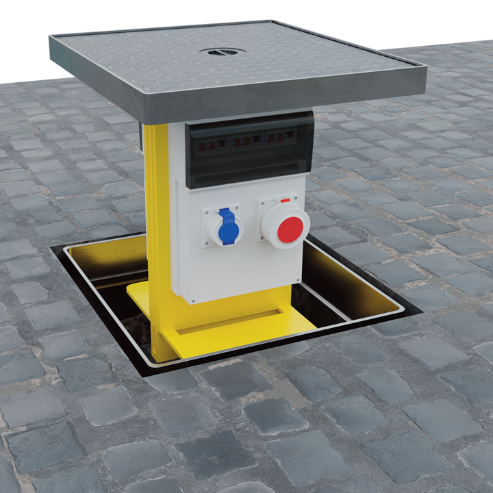 Pop Up Power SuppImage of an in-ground unt with the hinged lid closed