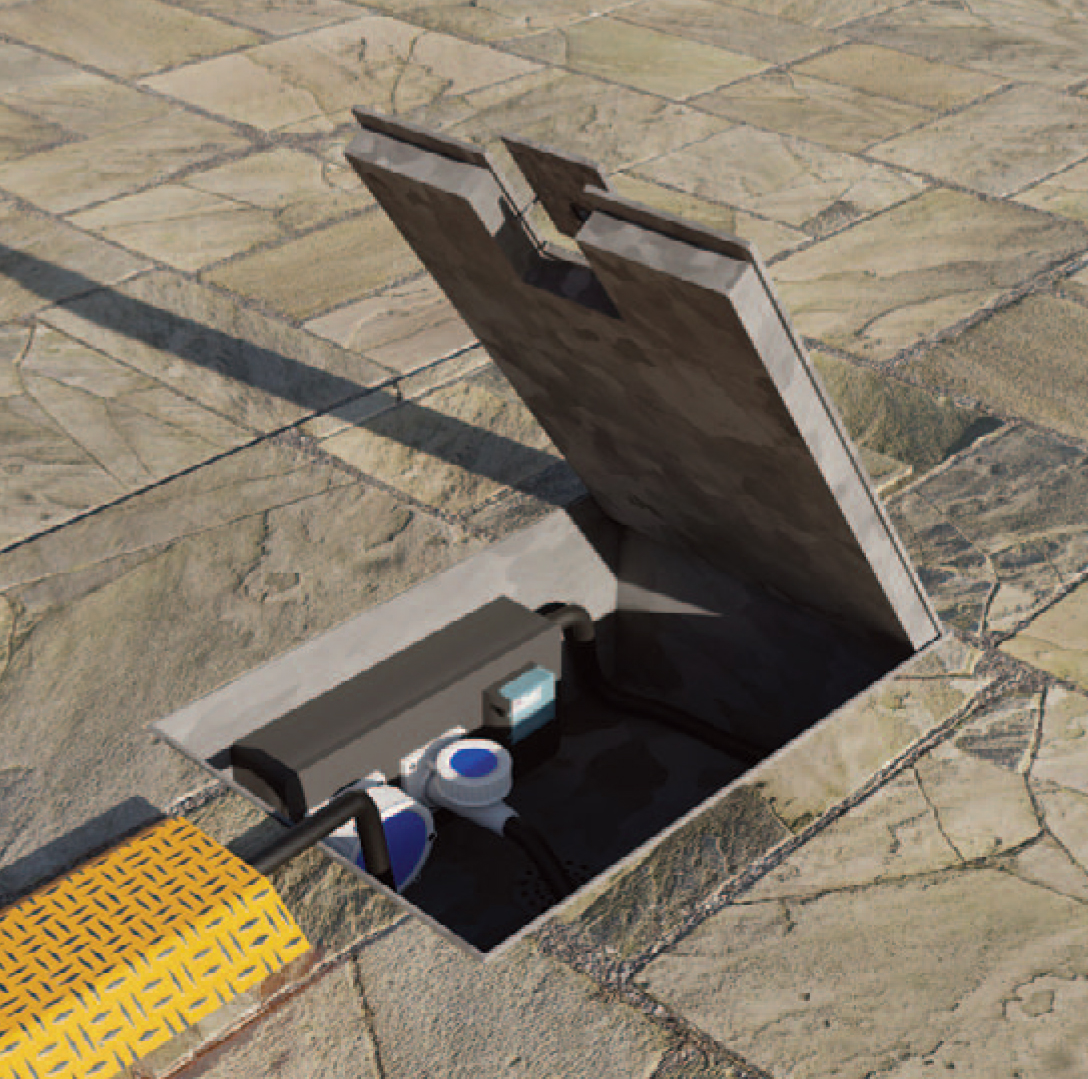 Pop Up Power SuppImage of an in-ground unt with the hinged lid closed