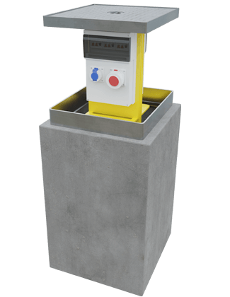 Pop Up Power Supplies PUPS 04 retractable service unit, which can be used in HGV areas and offers total power of up to 63 amps, single or 3 phase incoming supply
