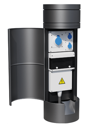 The Parc Paris power bollard from Pop Up Power Supplies showing how it opens easily to provide easy connection to electricity when required.