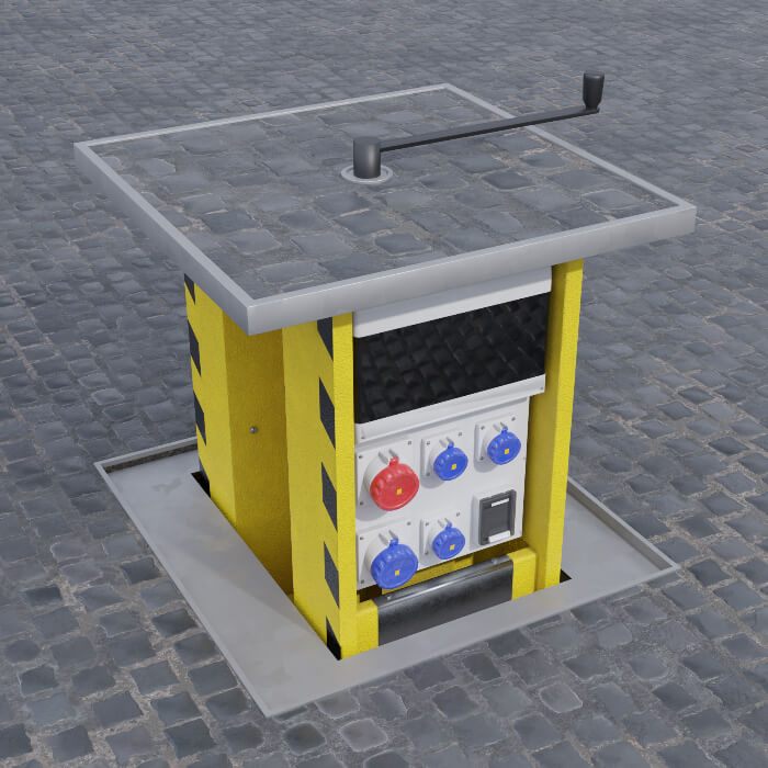 Pop Up Power SuppImage of an in-ground unt with the hinged lid closed