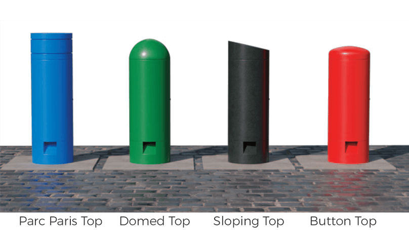 Power bollards from Pop Up Power Supplies available in four elegant shapes – Parc Paris, domed, sloping and button.