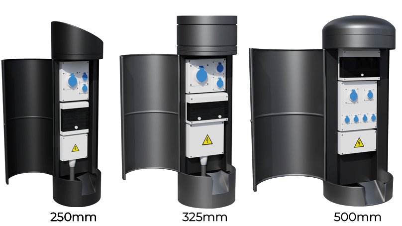 Power bollards from Pop Up Power Supplies available in three sizes – 250mm, 325mm and 500mm.