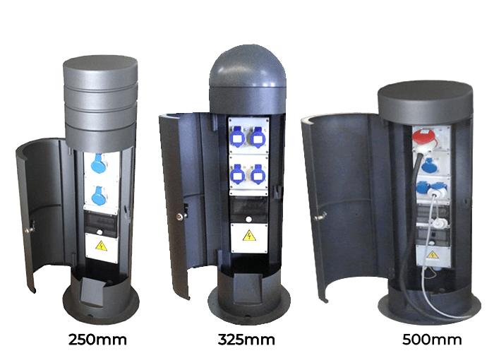 Power bollards from Pop Up Power Supplies available in three sizes – 250mm, 325mm and 500mm.