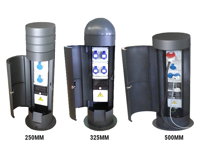 Power bollards from Pop Up Power Supplies available in three sizes – 250mm, 325mm and 500mm.