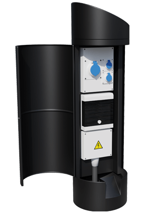 The sloped top power bollard from Pop Up Power Supplies, offering a contemporary look for street furniture whilst enabling access to power on-demand for events.