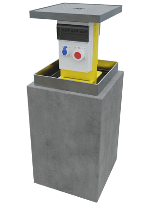 Pop Up Power Supplies PUPS 04 retractable service unit, which can be used in HGV areas and offers total power of up to 63 amps, single or 3 phase incoming supply