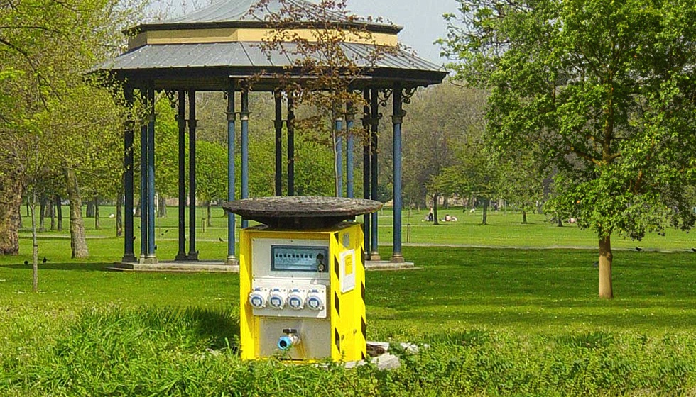 A pop up, retractable service unit by Pop Up Power Supplies providing on-demand access to power and water in the heart of Regents Park.
