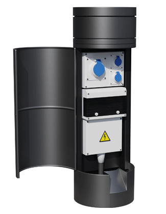 The Parc Paris power bollard from Pop Up Power Supplies showing how it opens easily to provide easy connection to electricity when required.